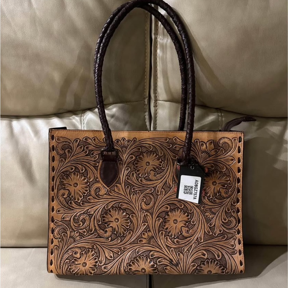 American Darling Brown Tooled Leather Tote